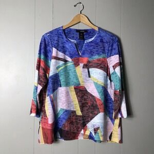 ALI MILES BOLD COLORFUL GEOMETRIC PATTERN TUNIC V NECKLINE WOMENS PETITE LARGE